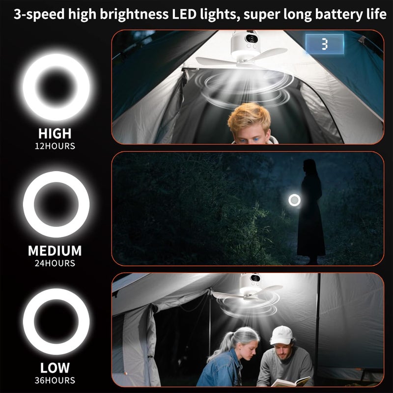 geonfi Camping Fan 10400mAh Battery Operated, USB Rechargeable Tent Fan with Remote Control,3 Detachable Blades, LED Light, 3 Speeds, Timer, Portable Ceiling Fan for Camping(White) - Image 4